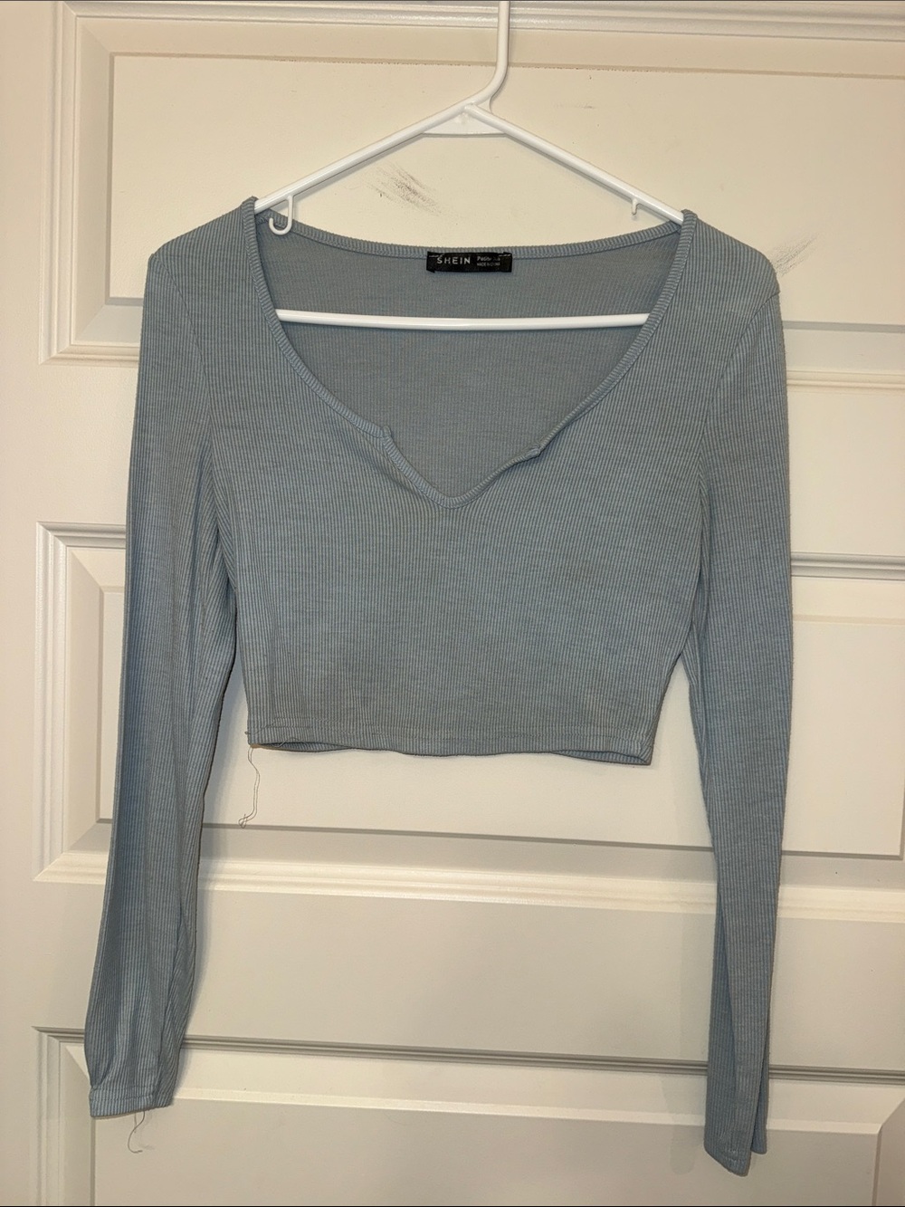 SHEIN Dusty Blue Ribbed V-Neck Long Sleeve Crop Top
